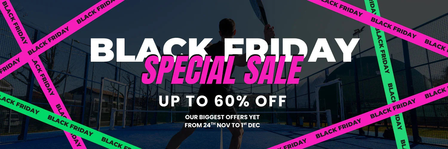 Black Friday special sale banner with up to 60% off text and a person holding a paddle on a sports court