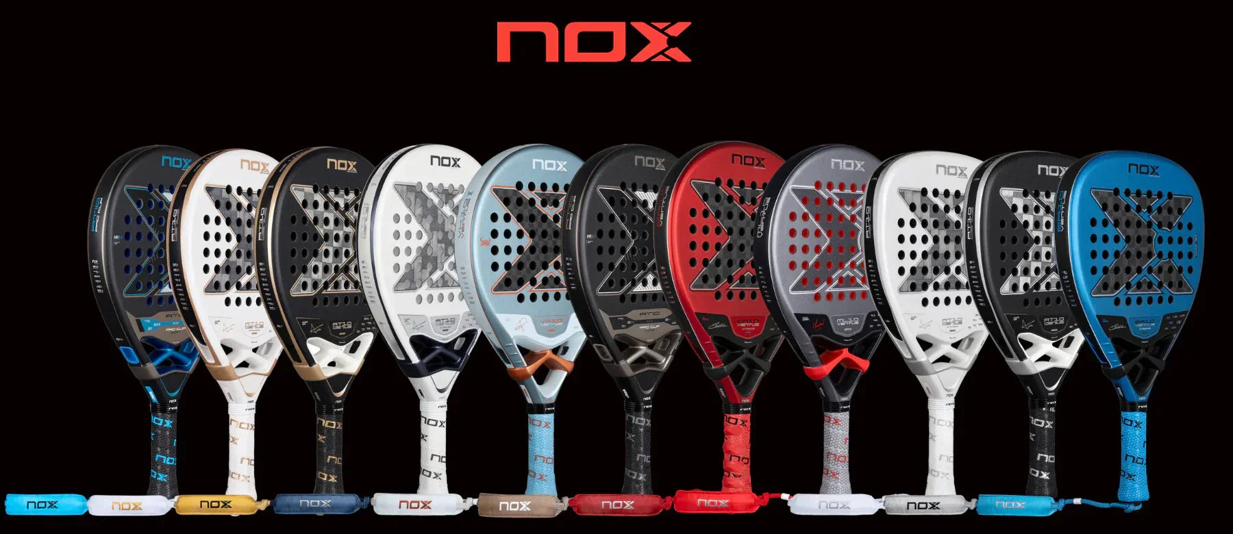 Lineup of colorful NOX 2026 padel rackets against black background