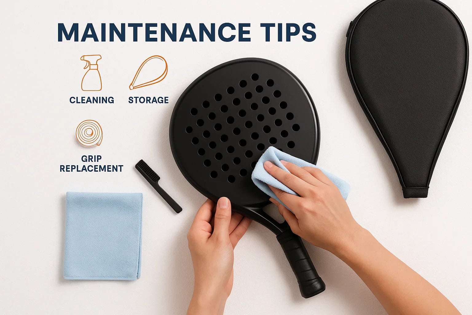 Hands cleaning black perforated paddle tennis racket with blue cloth and brush on white background