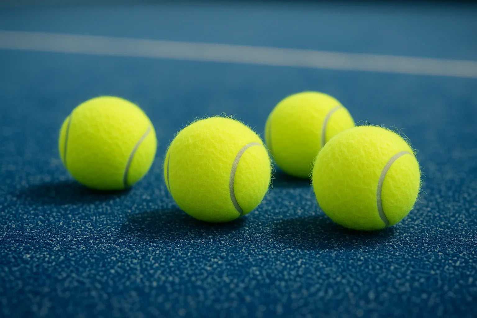 Four bright yellow tennis balls on a blue textured court surface with white boundary line
