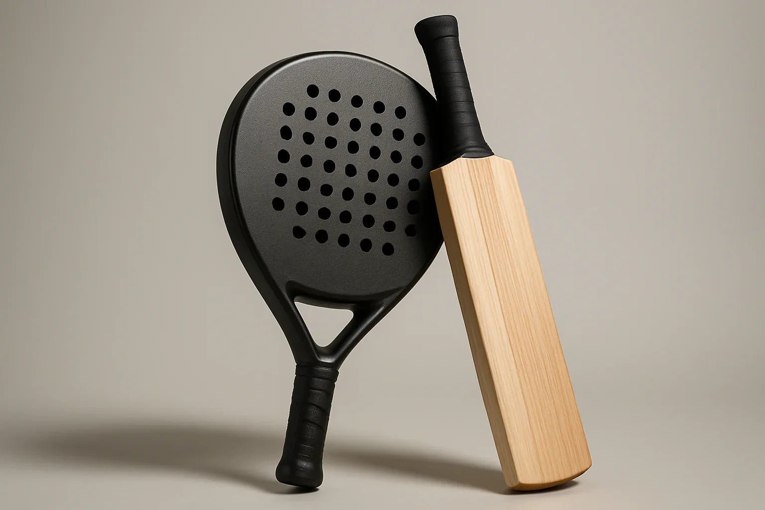 Black padel racket with perforated face and wooden cricket bat with black grip on beige background