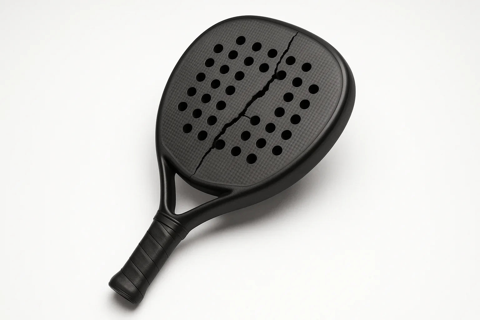Black padel racket with a visible large crack through the hitting surface on a white background