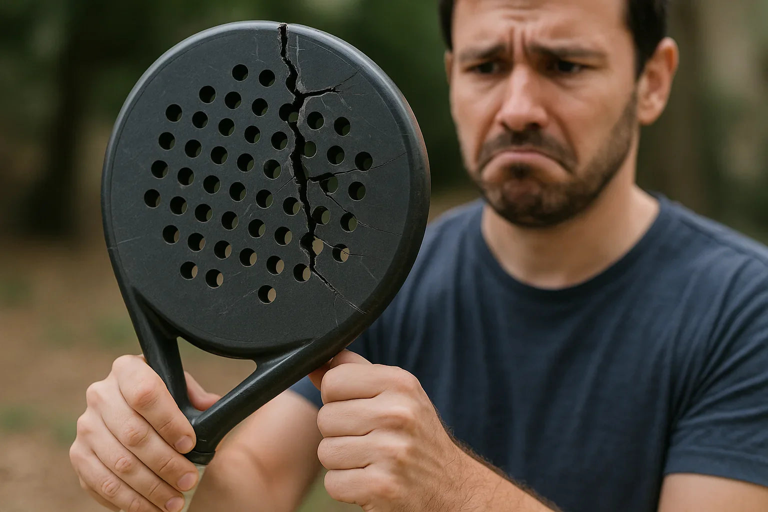 Man holding a black broken padel racket with a large crack, showing disappointment outdoors