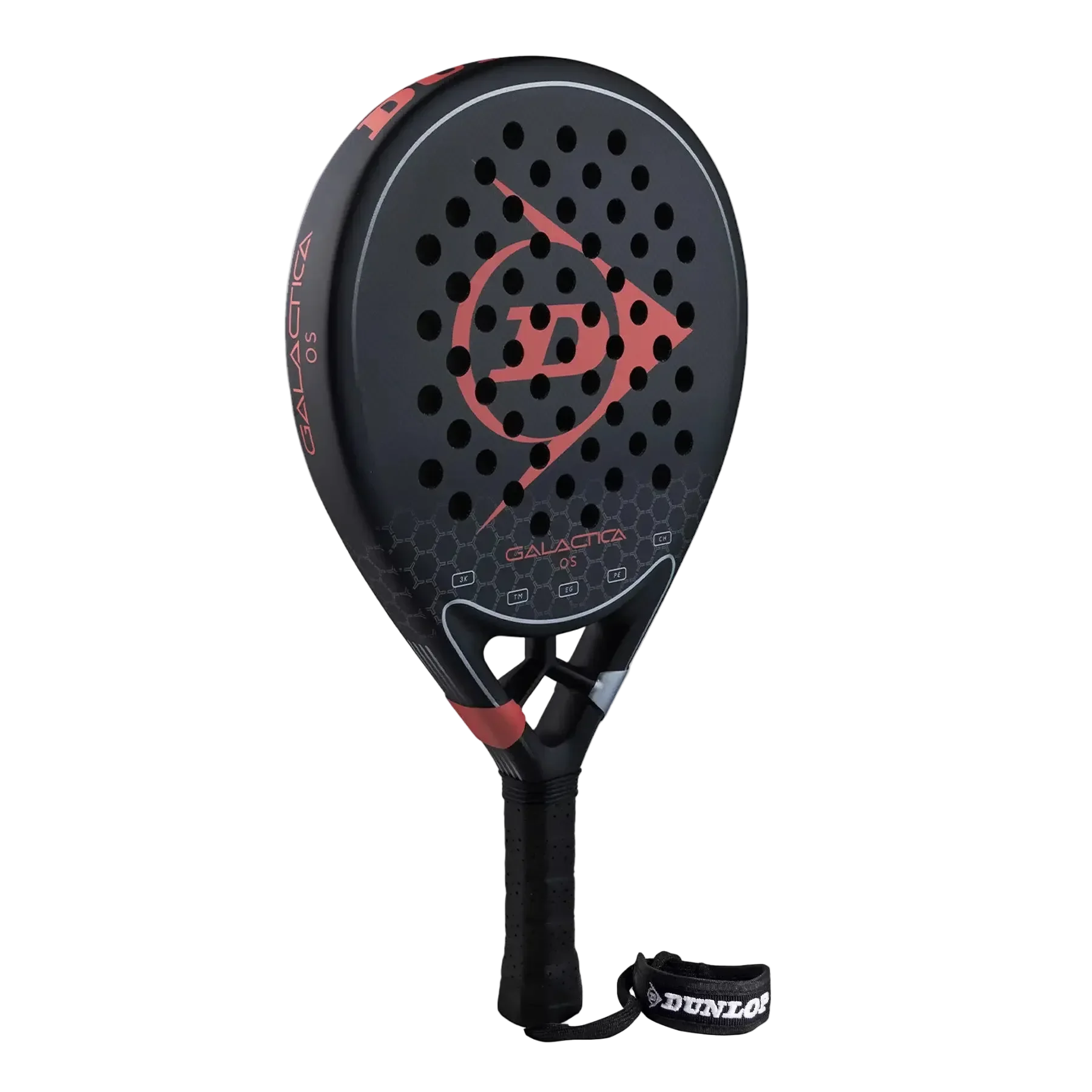 Black and red Dunlop padel racket on a white background
