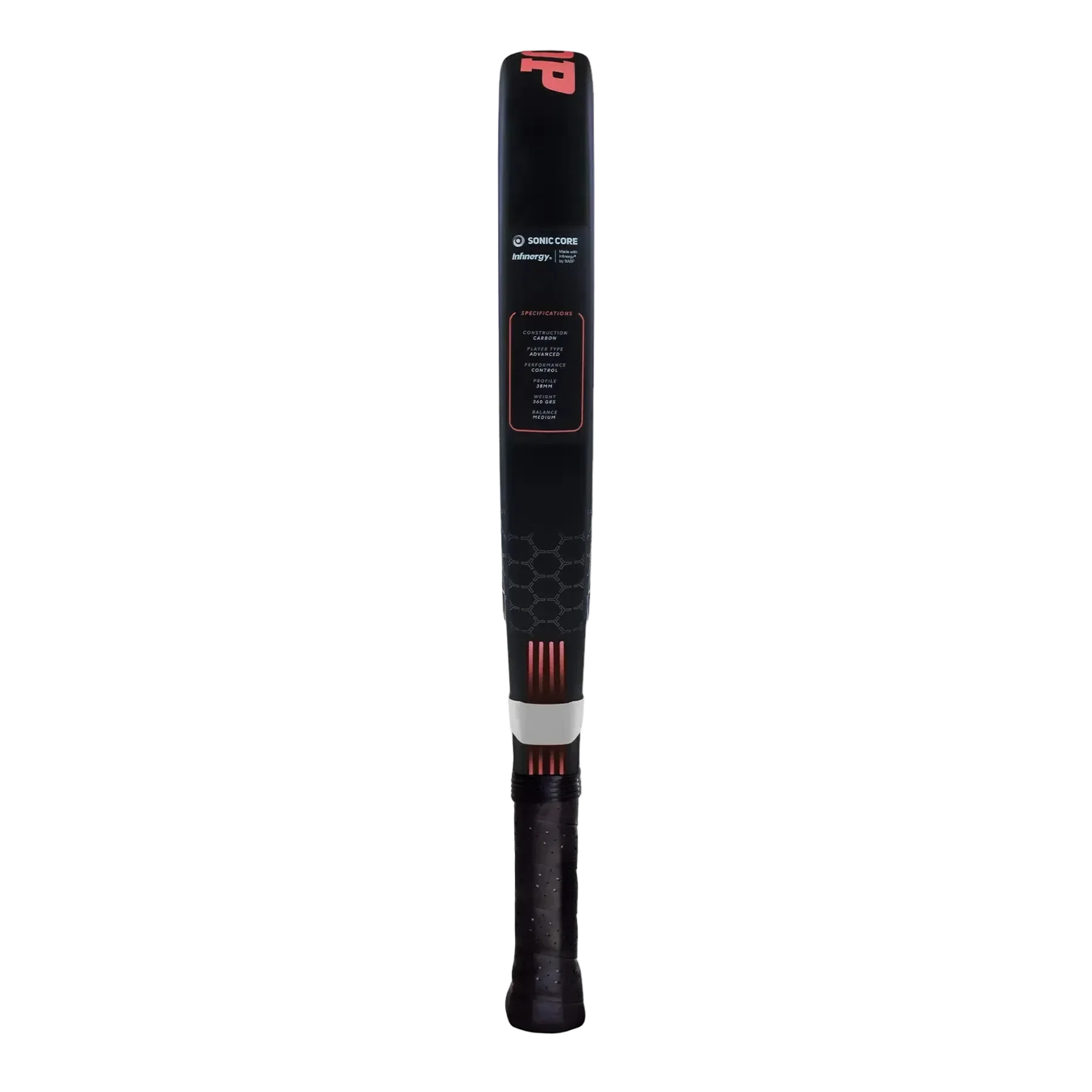 Black and red padel with visible branding on a white background