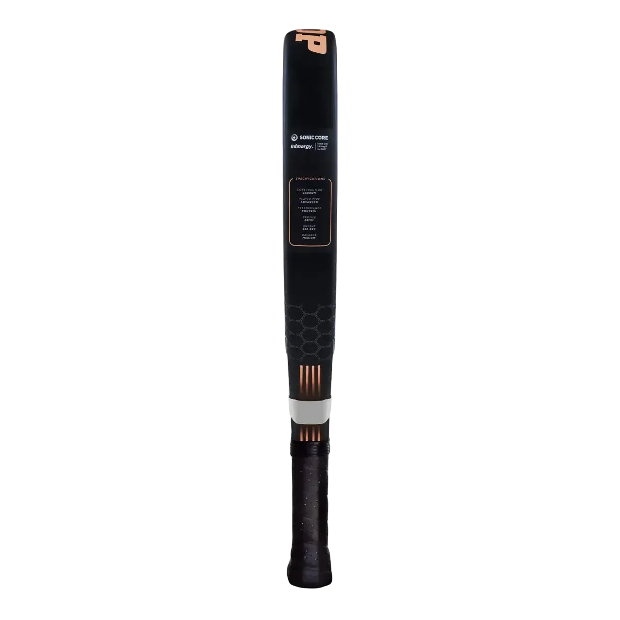 Black and gold padel with brand logo on a white background