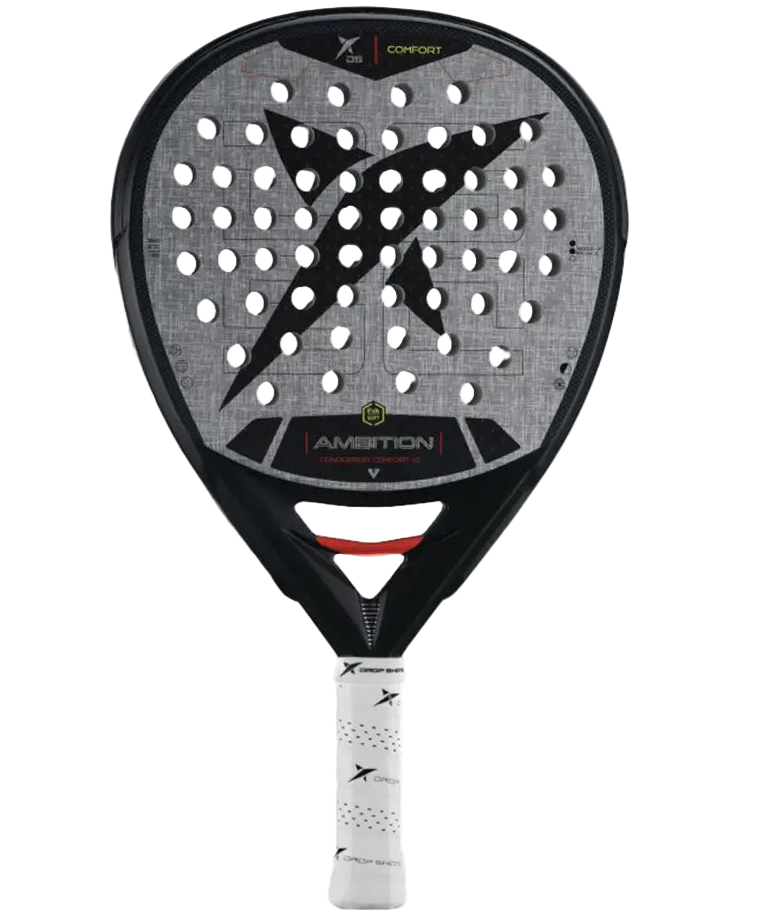 Padel racket with black and gray design on a white background