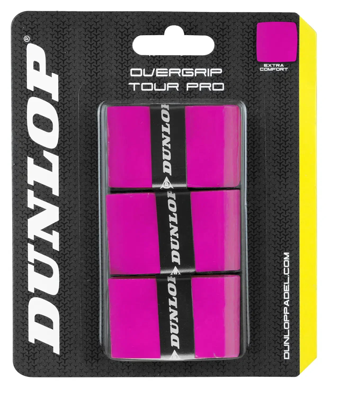 Dunlop Overgrip Tour Pro packaging with pink overgrips on a black background