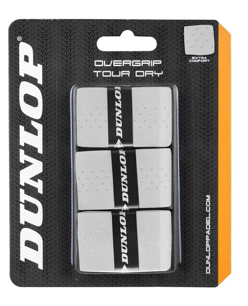 Dunlop Overgrip Tour Dry packaging with three overgrips inside.