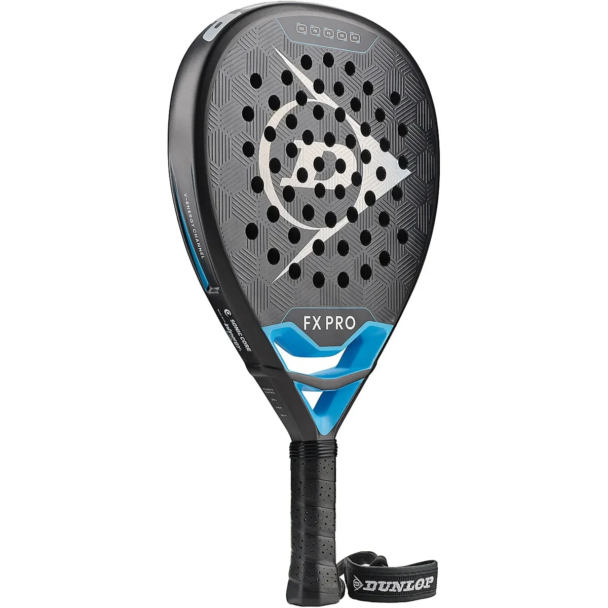 Dunlop FX Pro padel with black and blue design on a white background