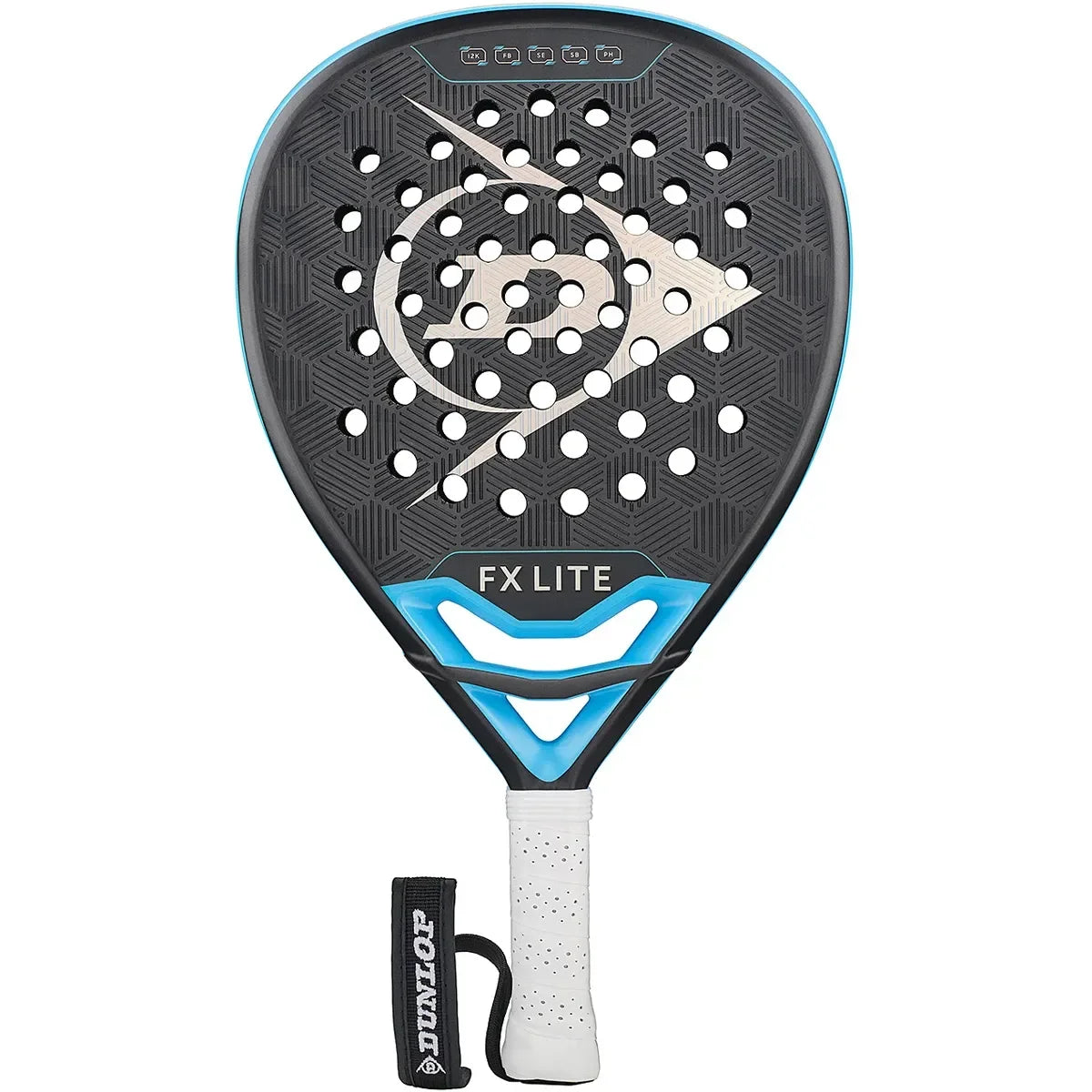 Padel racket with blue and black design on a white background