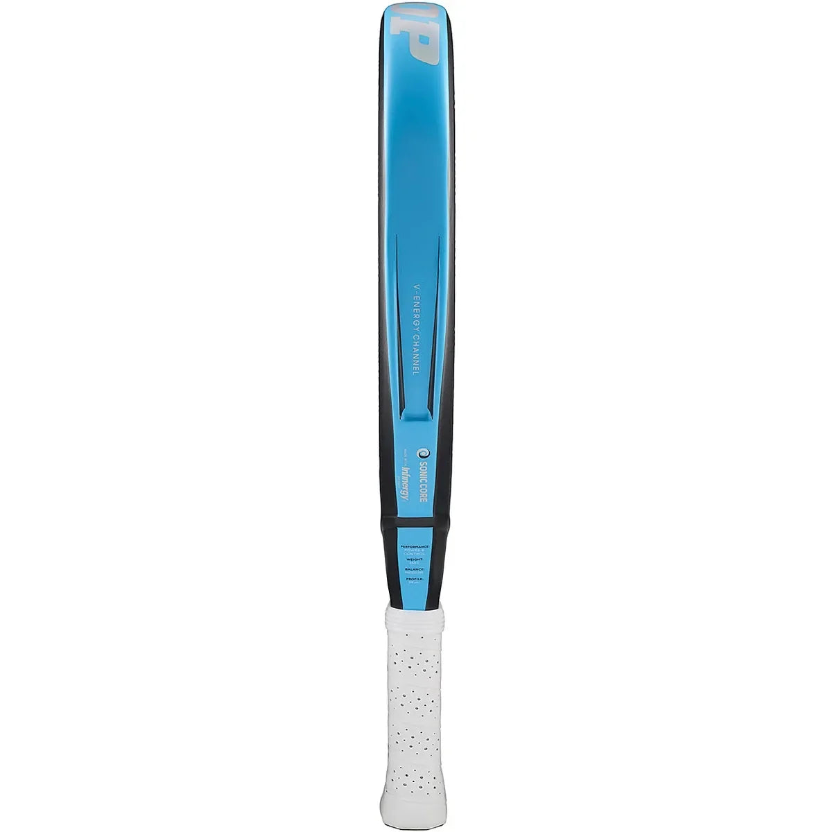 padel racket with blue strings and white handle on a white background