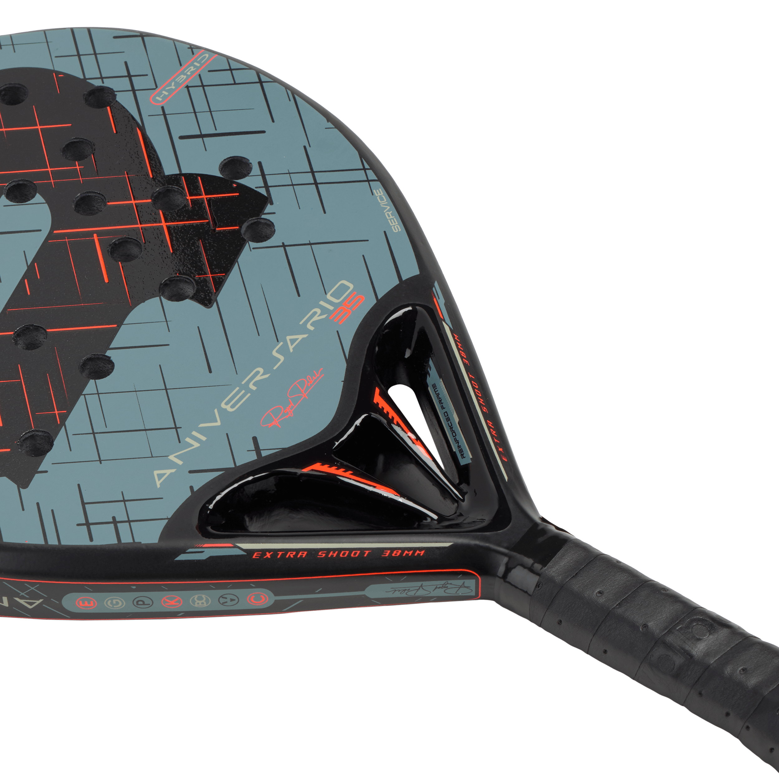 Close-up of a blue and black padel racket with red details, labeled Aniversario 35 Hybrid and extra shoot 38mm