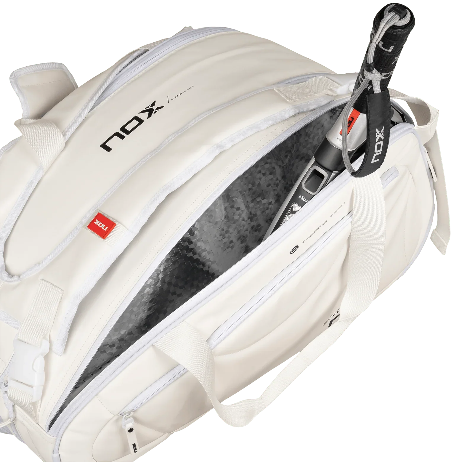 White NOX Pro sports bag with partially zipped compartment revealing carbon fiber paddle and black handle