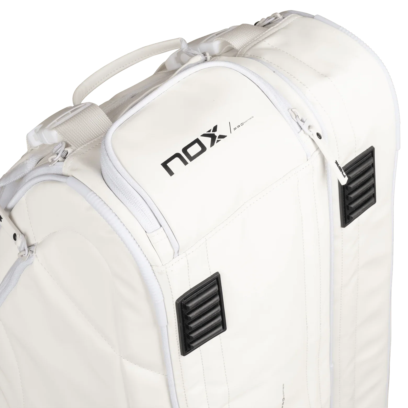 Close-up of white NOX Pro Series sports bag with zipper and black rubber feet