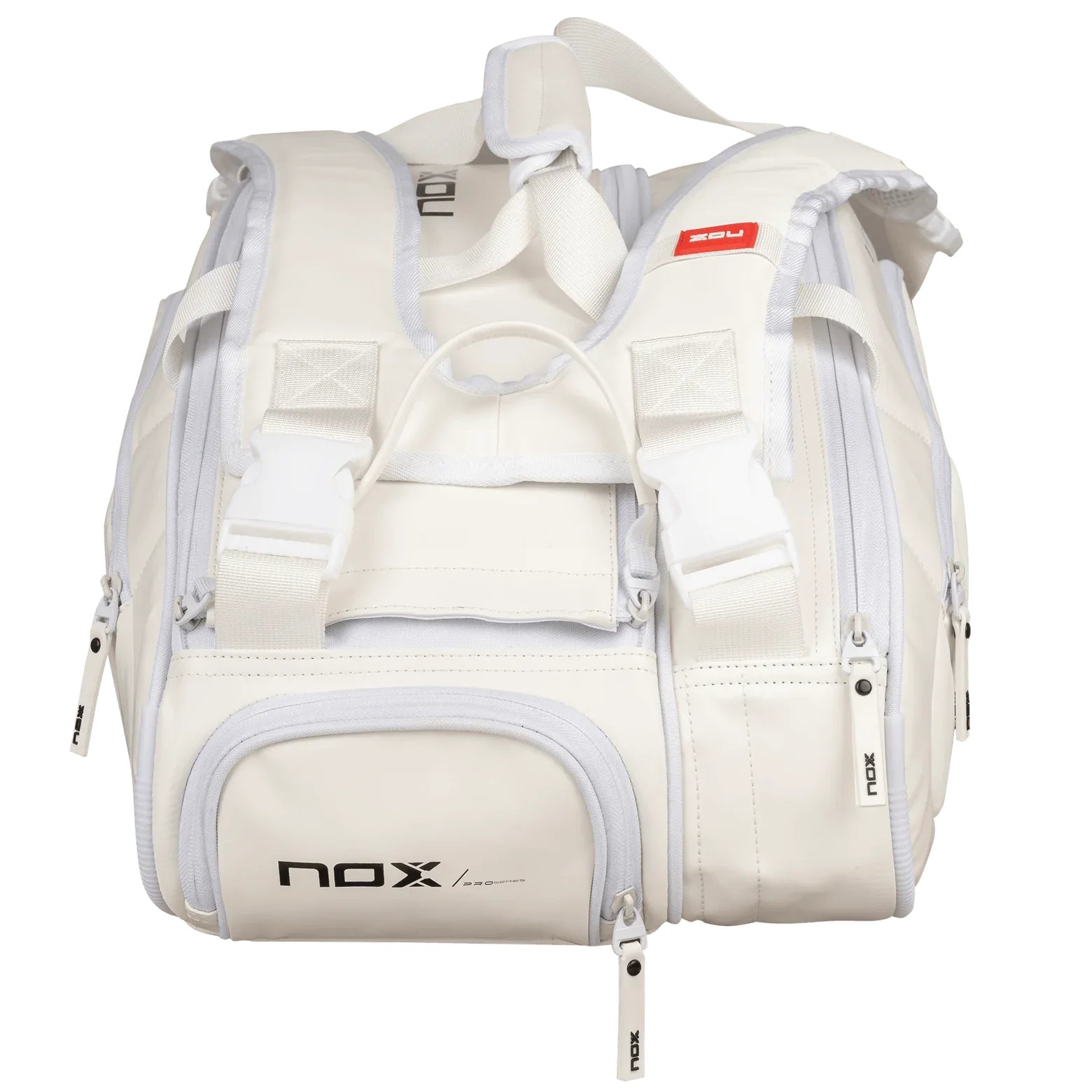White NOX sports backpack with multiple zippered compartments and padded shoulder straps