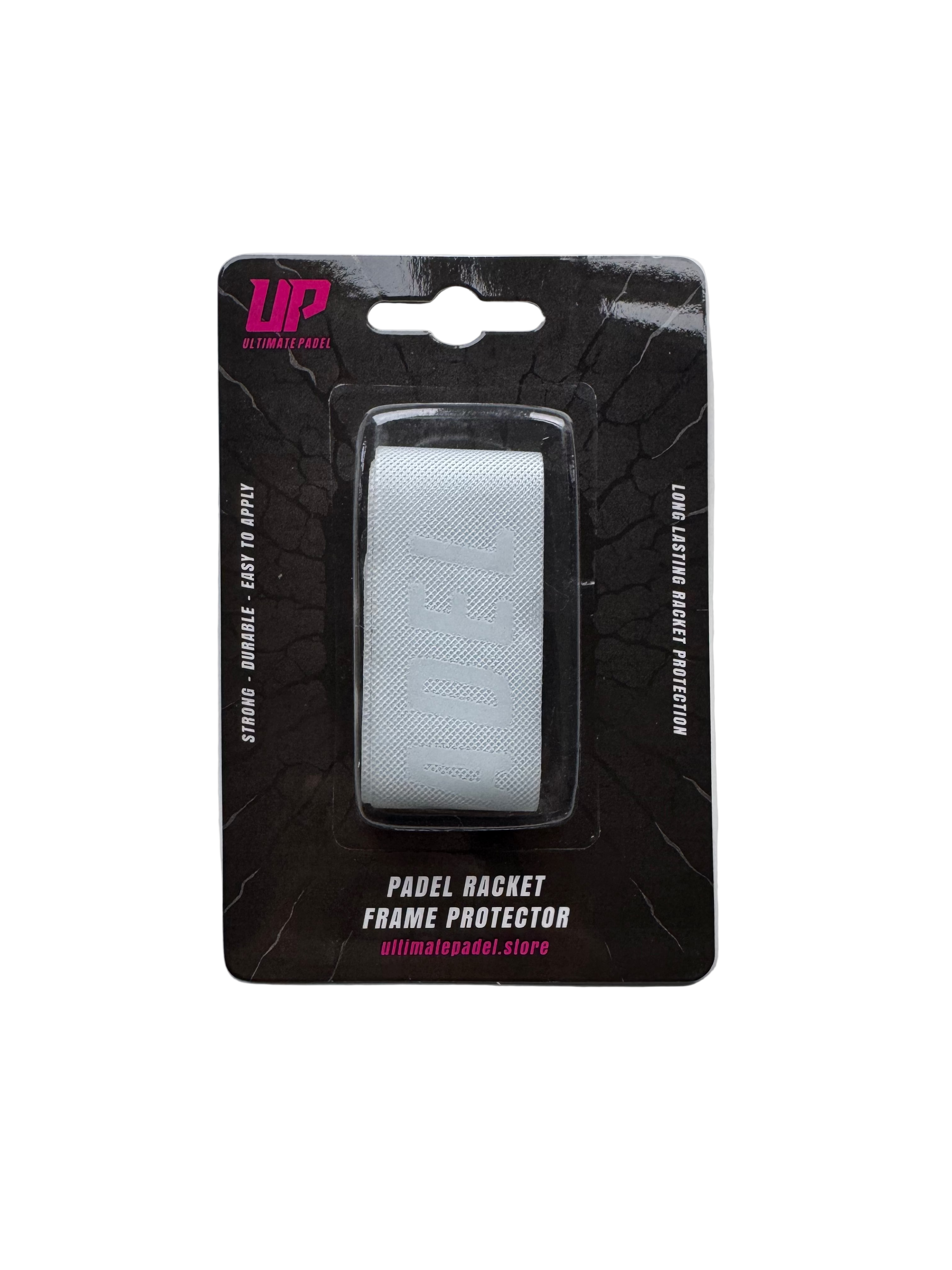 Padel racket frame protector in packaging with brand logo on a white background