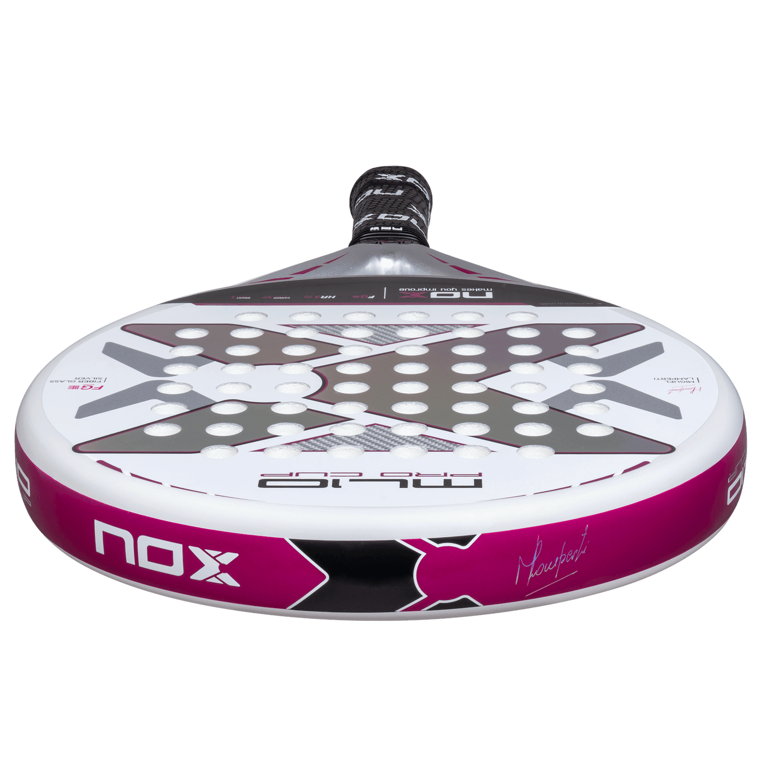 White and pink NOX Pro Cup padel racket with perforated surface and black grip