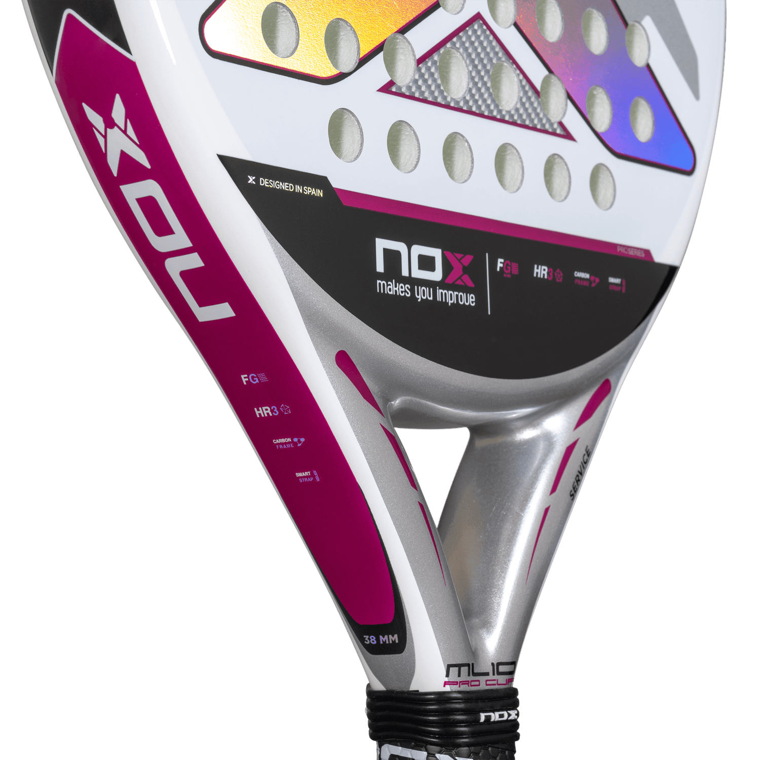 NOX ML10 Pro Cup padel racket with white, purple, and silver design, designed in Spain