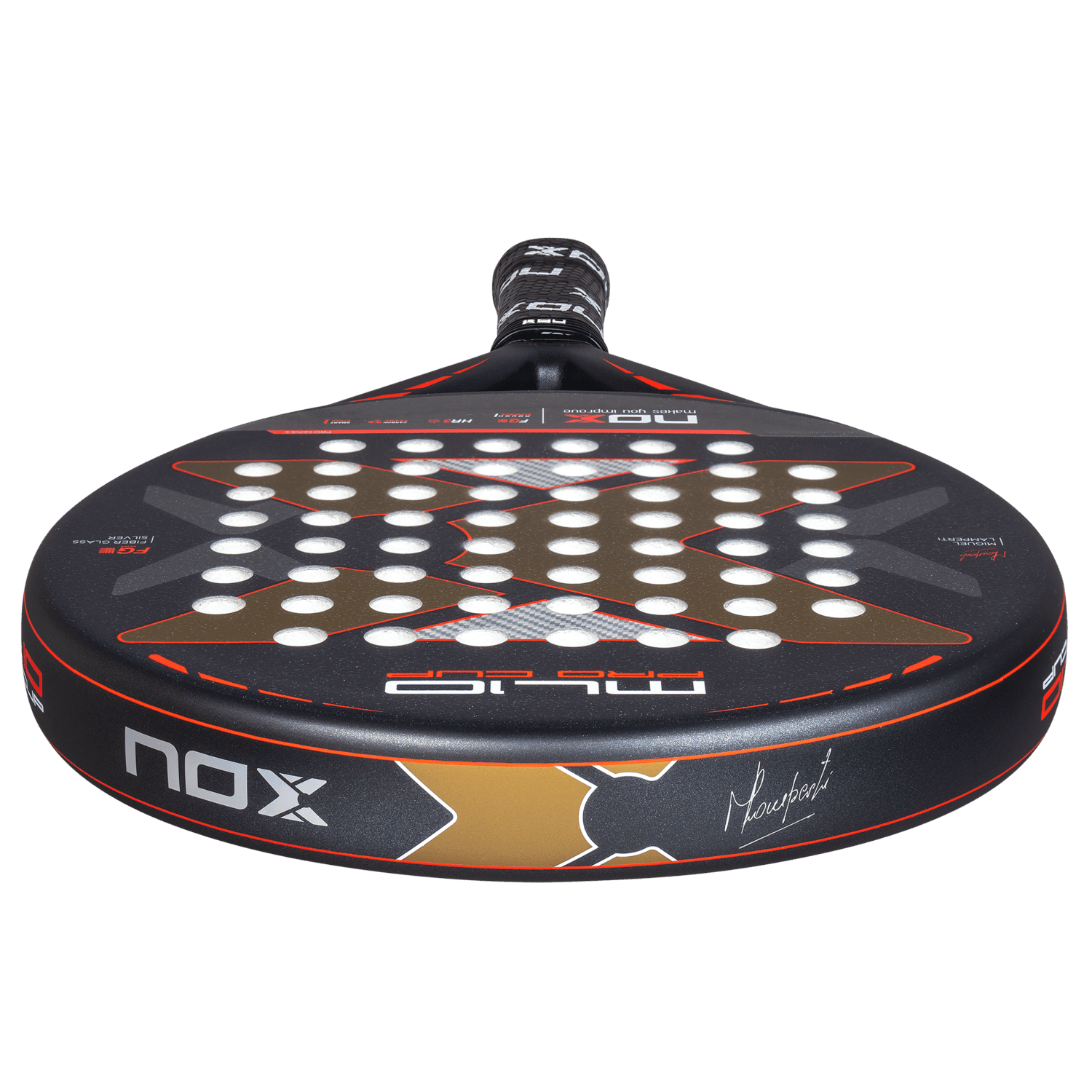 Black NOX Atomic Pro Cup padel racket with red and gold accents, perforated face, and branded grip