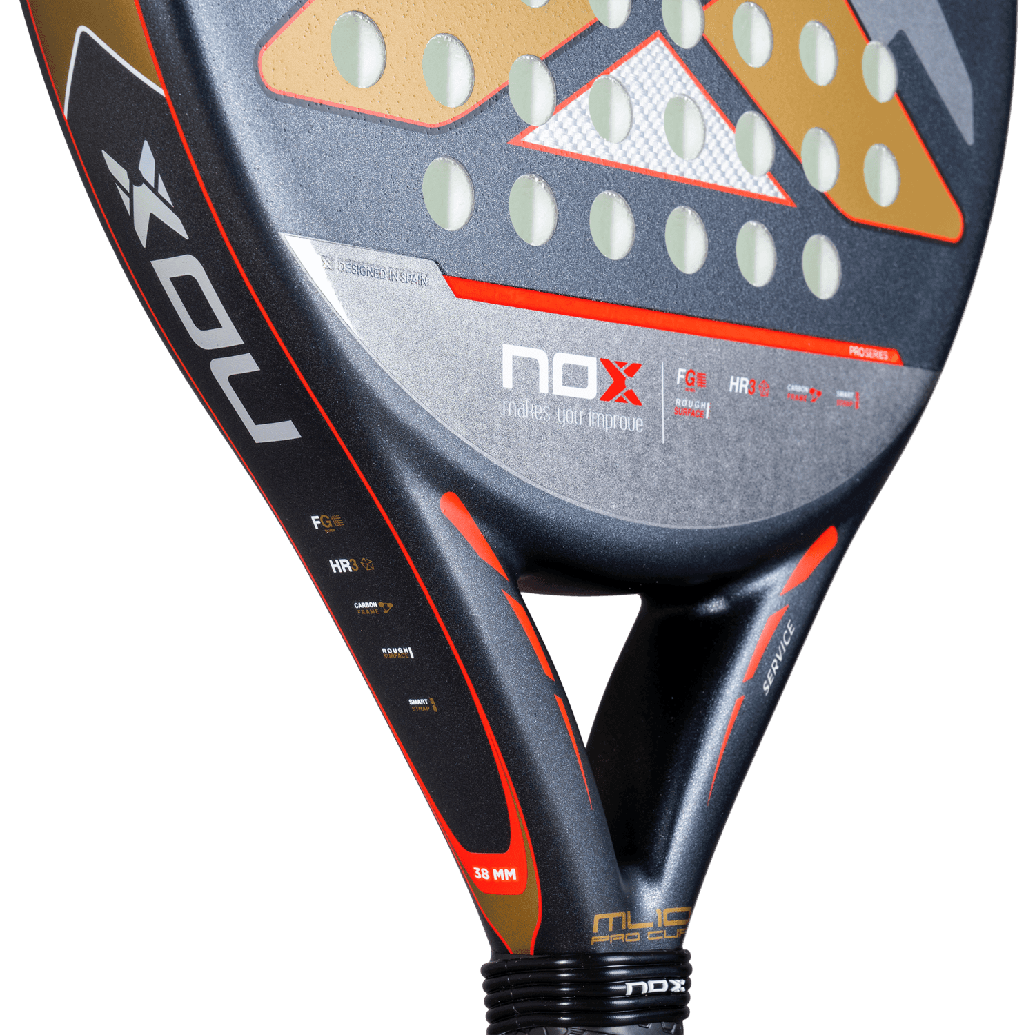 Close-up of NOX padel racket with rough surface, carbon frame, and orange-black design