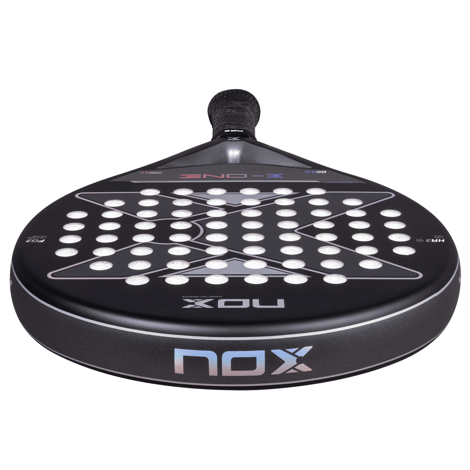 NOX X-One padel racket with perforated black surface and ergonomic handle