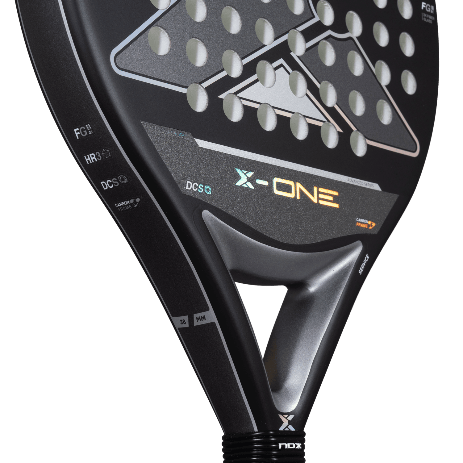 Black X-One padel racket with carbon frame and perforated hitting surface, advanced series
