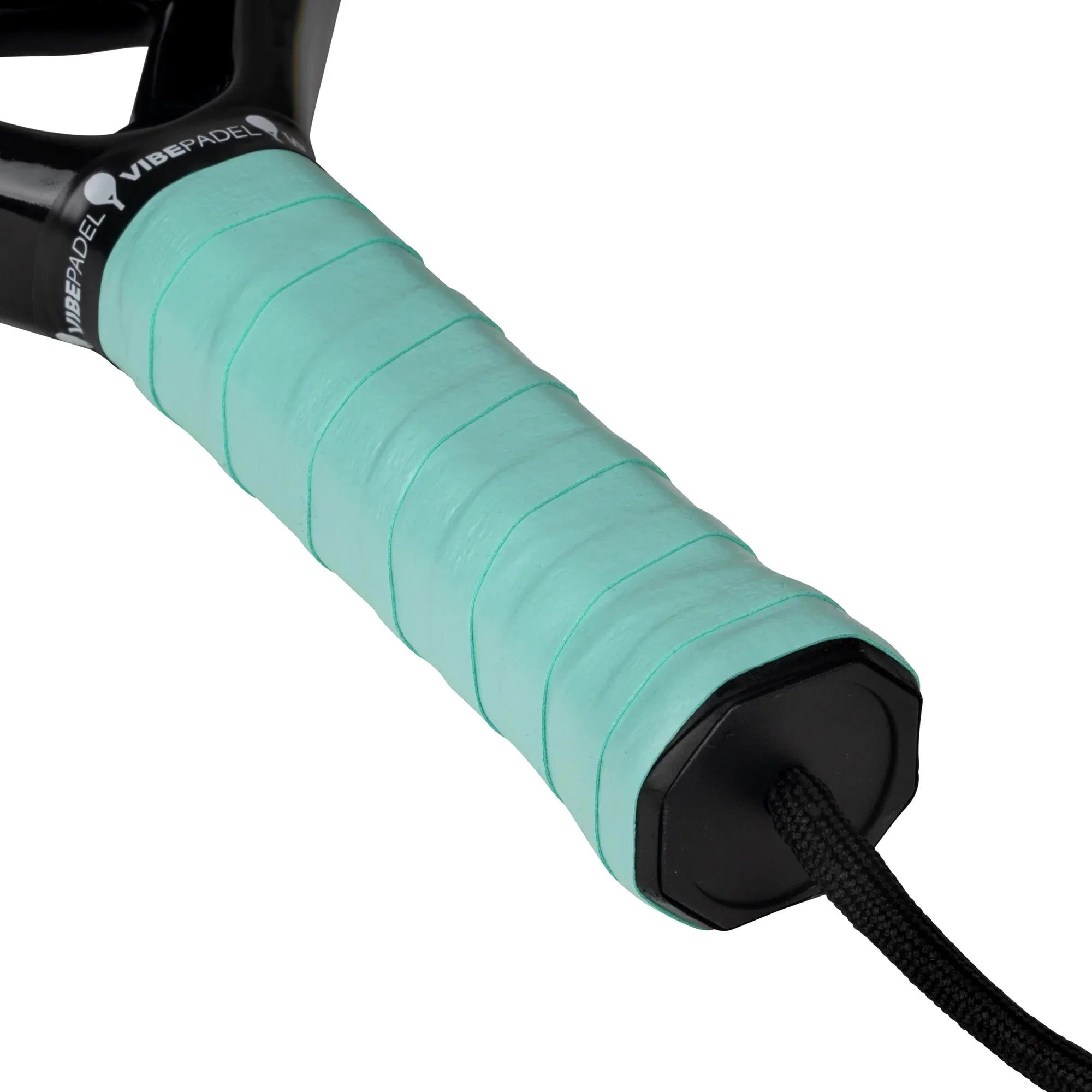 Close-up of light blue grip handle on black VibePadel padel racket with wrist strap