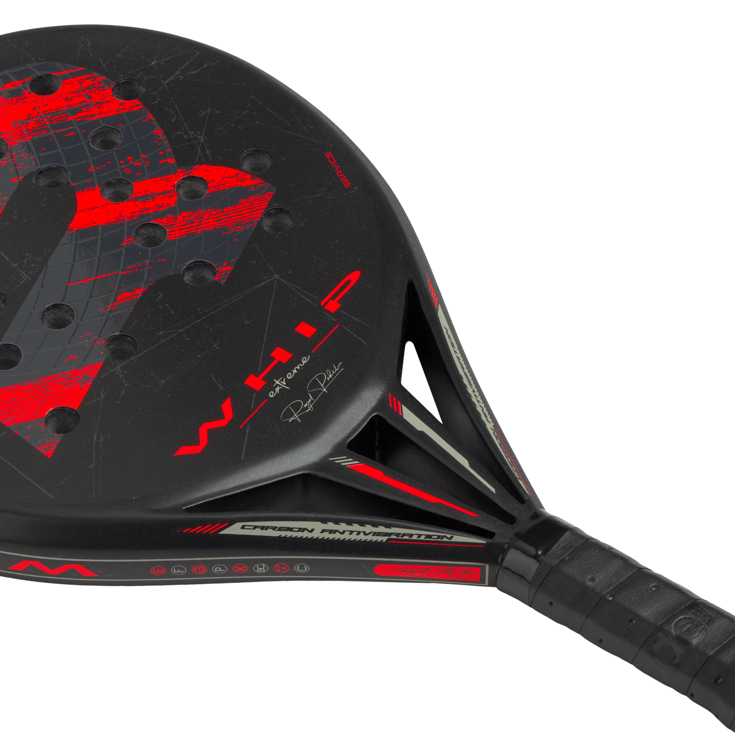 Black and red padel racket with WHIP extreme design and carbon antivibration technology