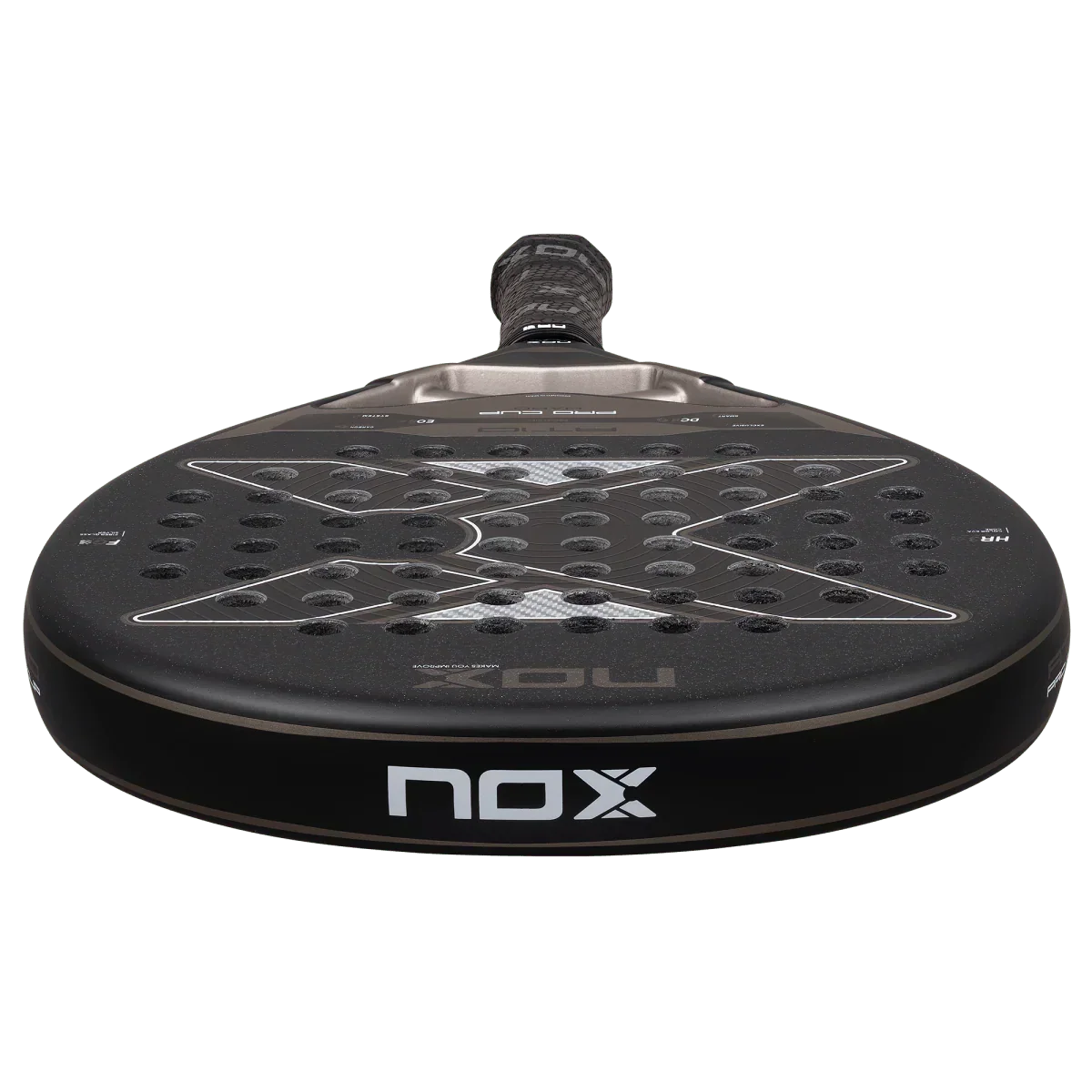 Black padel racket with 'NOX' branding on a white background