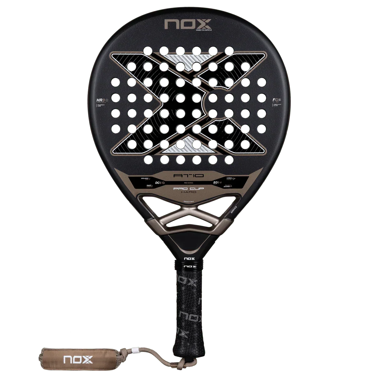 Black and brown NOX padel racket with a white background