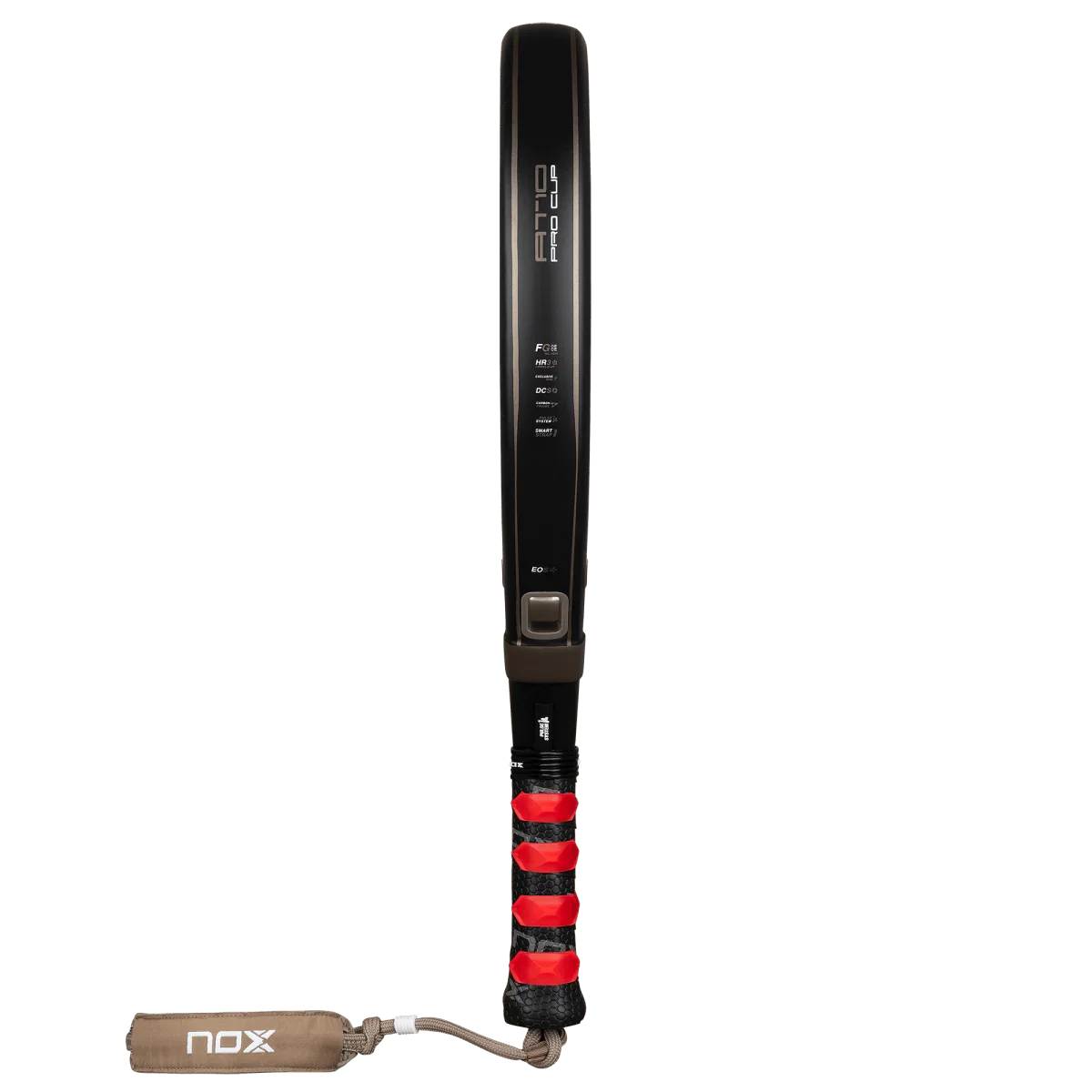 Black and brown padel bat with 'NOX' branding on a white background