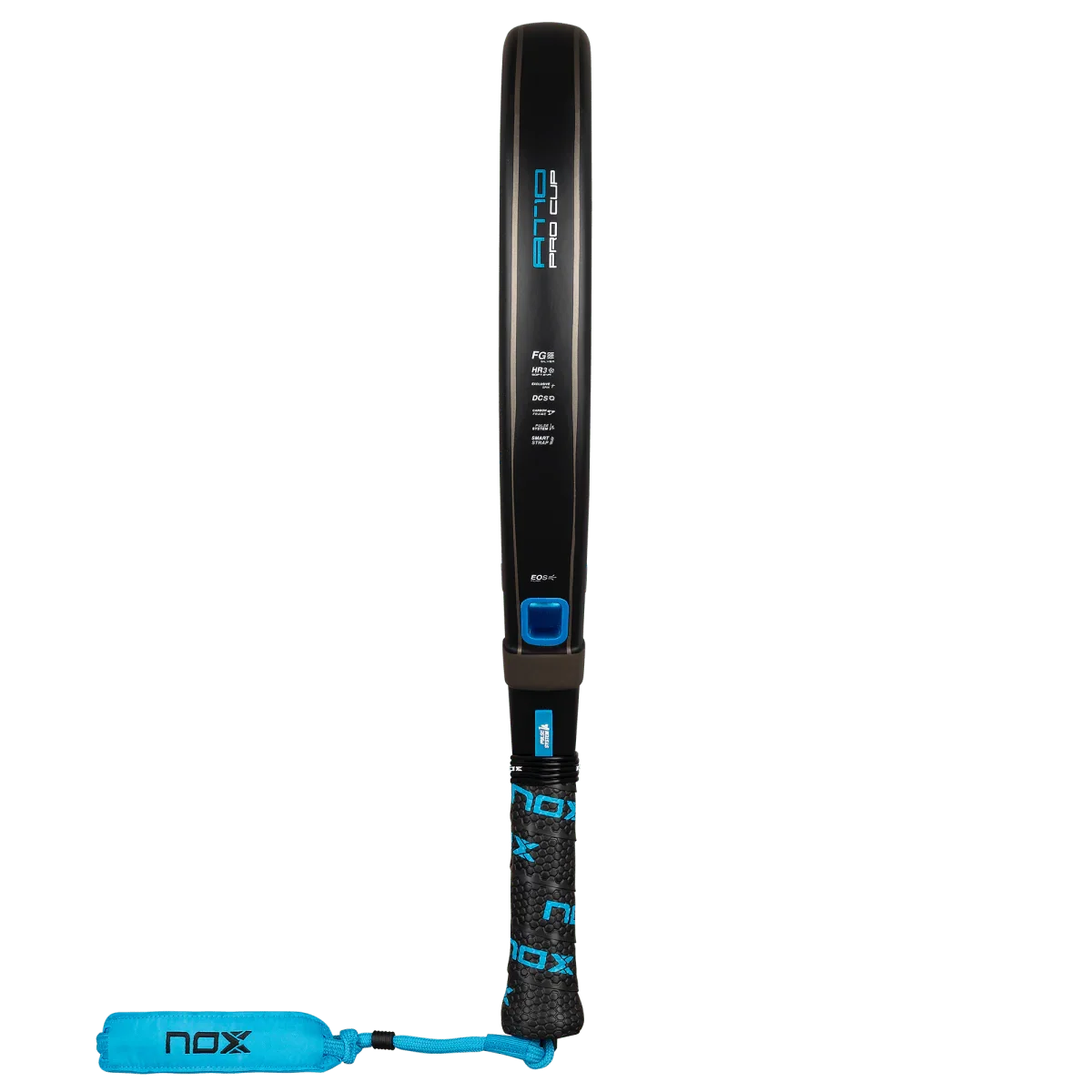 Black and blue NOX padel on a white background