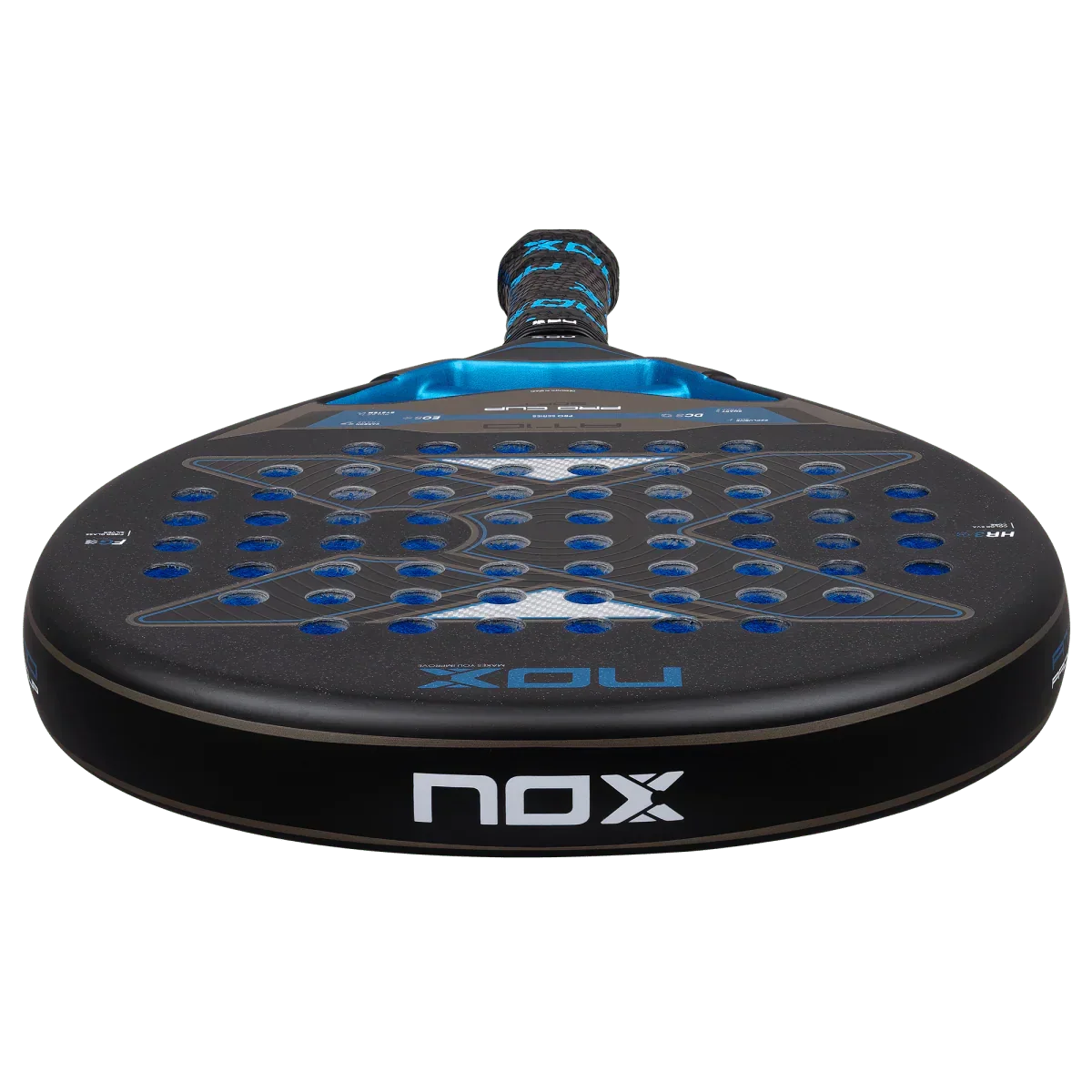 Black and blue NOX padel on a white background