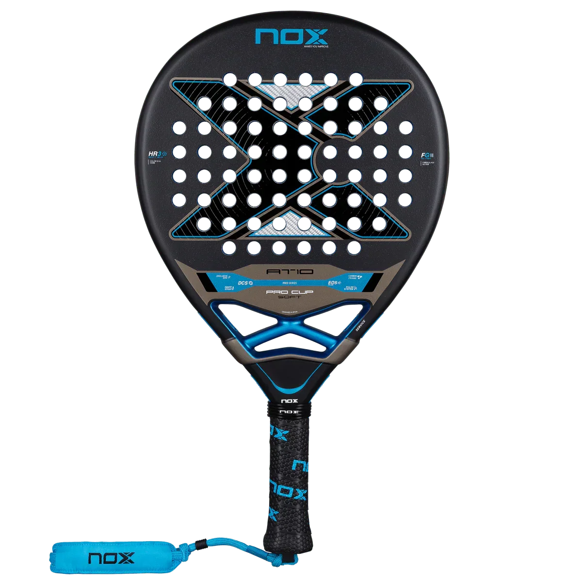 Black and blue NOX padel racket on a white background