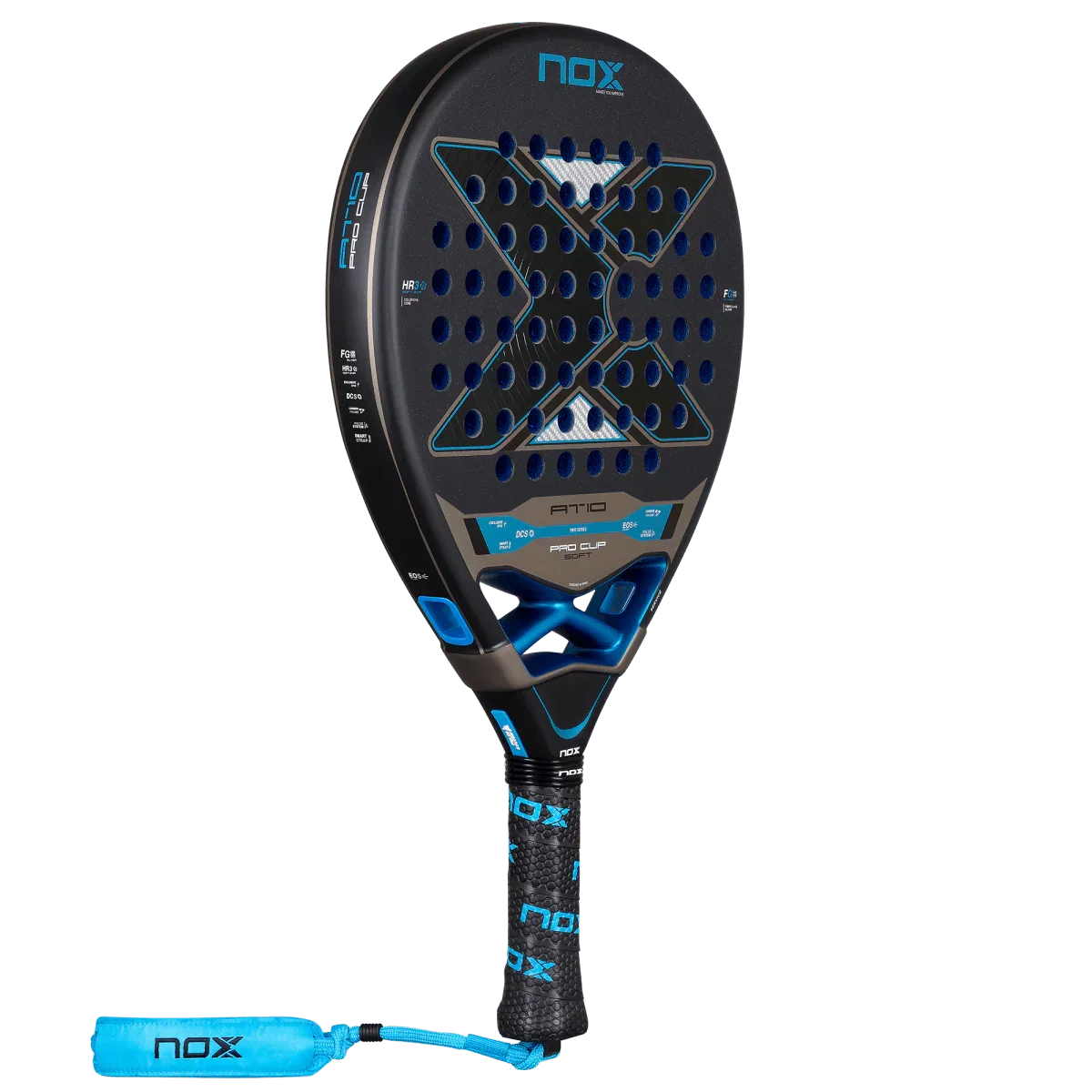 Padel racket with black and blue design on a white background
