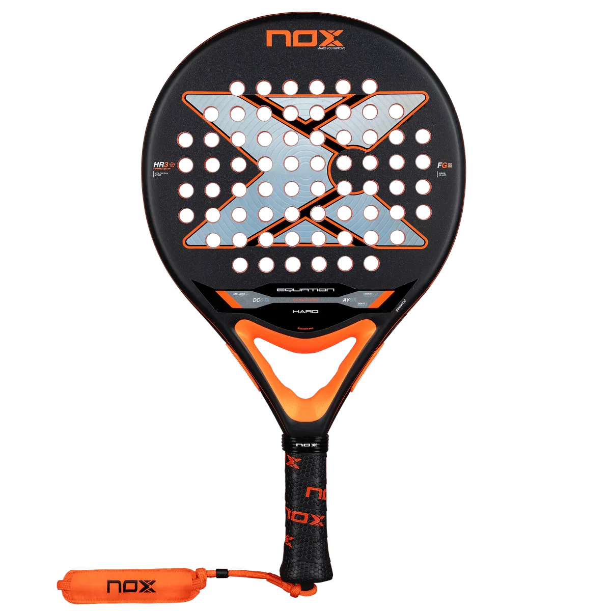 Padel racket with black and orange design on a white background