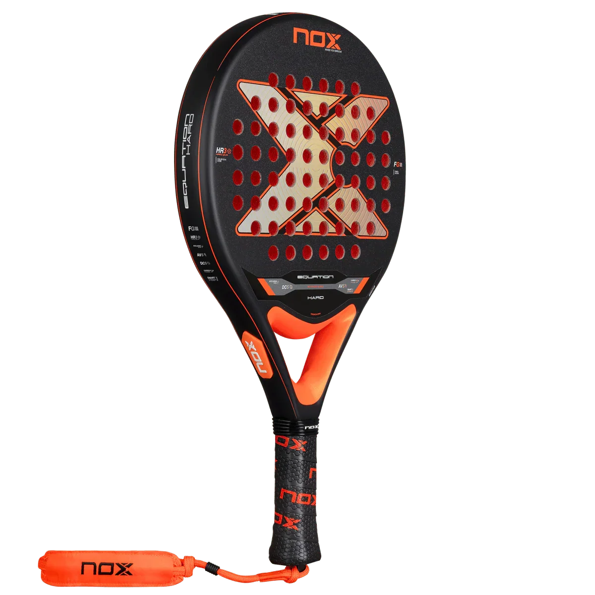 Padel racket with black and orange design on a white background