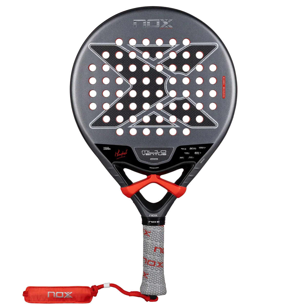 Padel racket with red accents on a white background