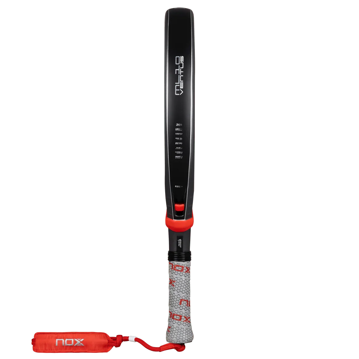 Black and red nox padel on a white background