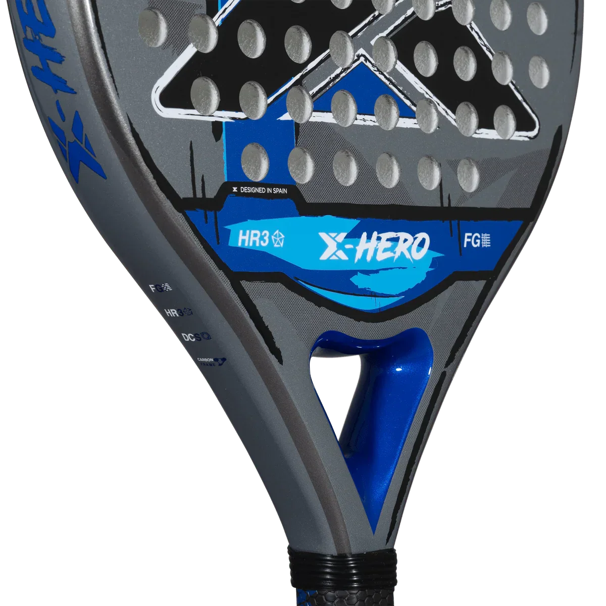 Close-up of a blue and gray X-Hero racket on a white background