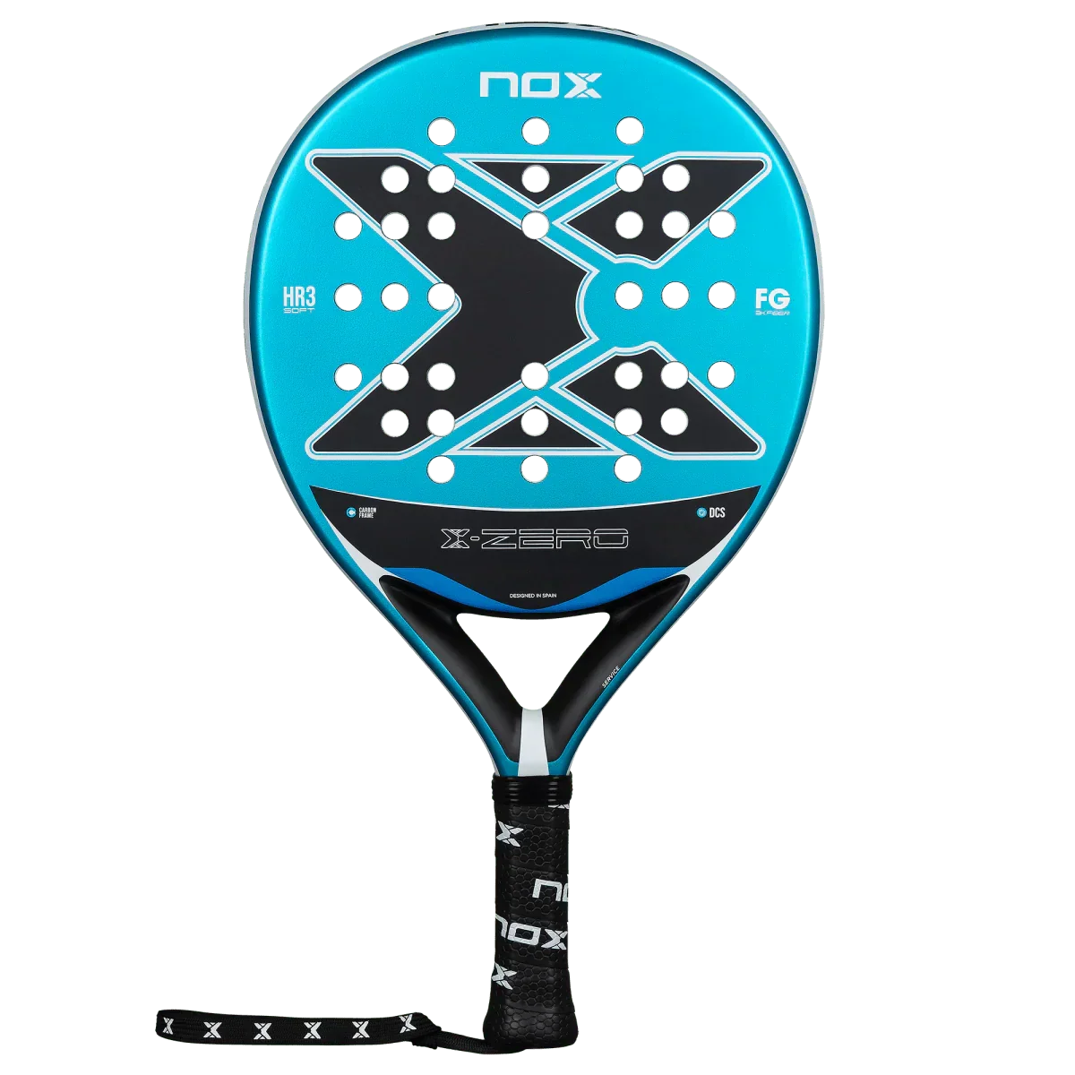 Blue and black NOX padel racket on a white background