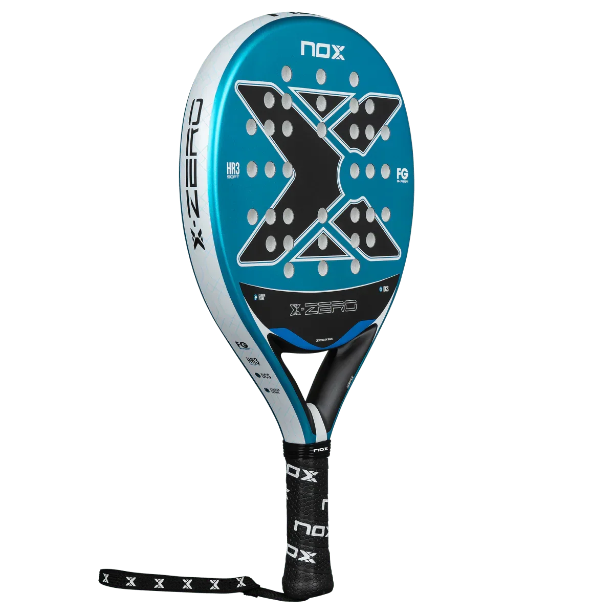 Blue and black NOX X-Zero padel racket on a white background